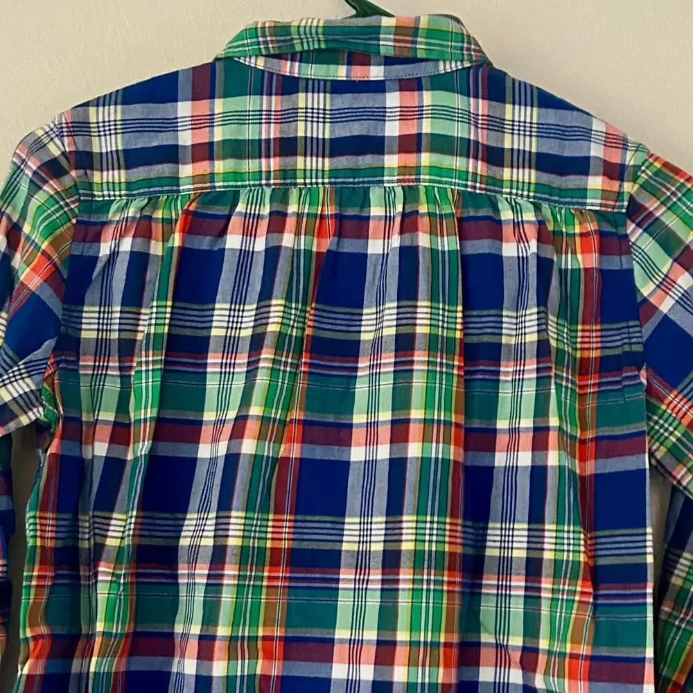 Ralph Lauren Plaid Ruffle Front Button up Shirt girls 16 Preppy Tartan western